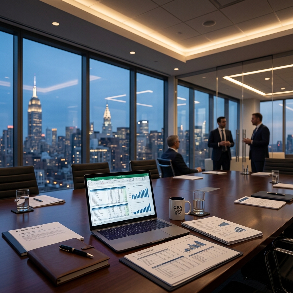 Financial professionals in an executive boardroom reviewing audit reports